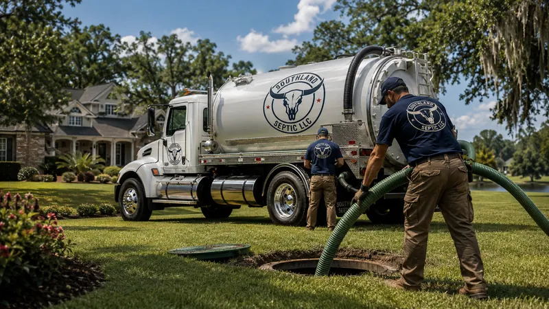 Southland Septic vacuum truck and service technicians working at a residential septic system