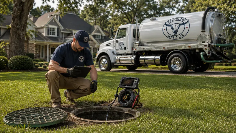 Technician inspecting an open septic tank access in a maintained residential yard