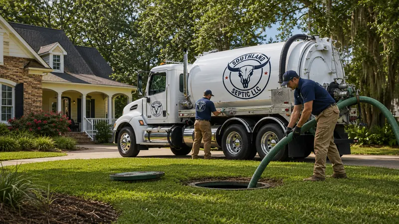 Southland Septic vacuum truck and technician providing septic tank pumping service