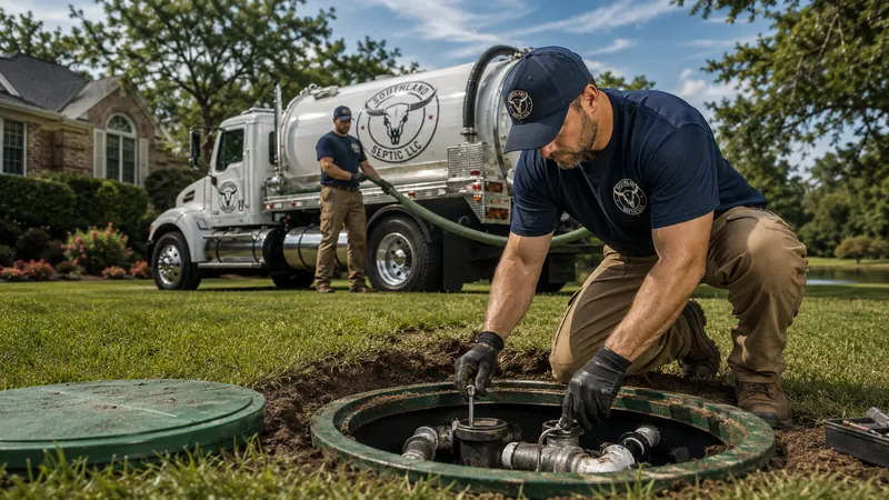 Southland Septic technician examining a septic tank access point